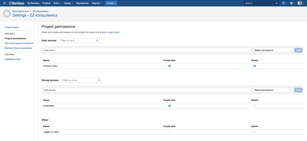 Project Permissions in Bamboo